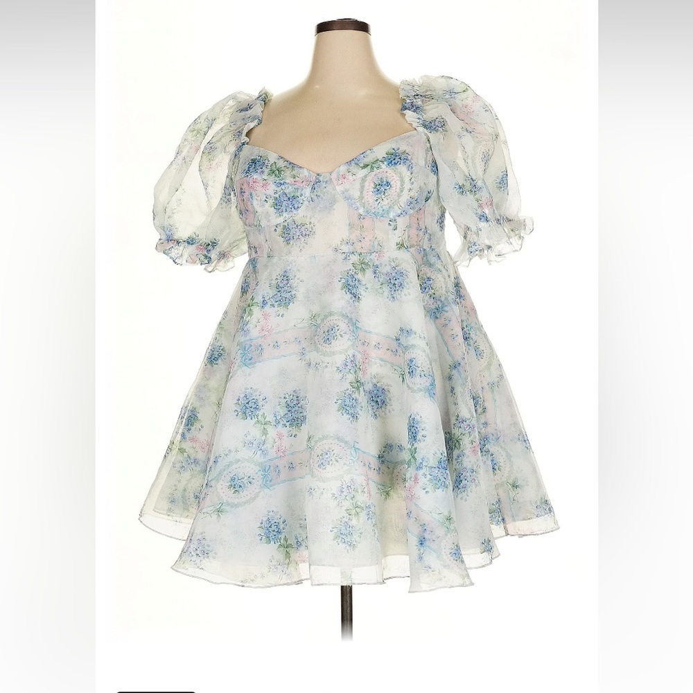 Selkie White Floral Puff Sleeve Mini Dress